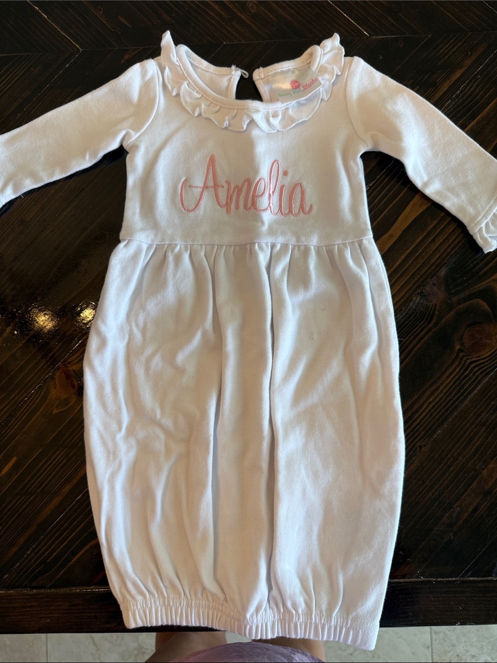 White Baby Sleep Gown with Pink Amelia Embroidery
